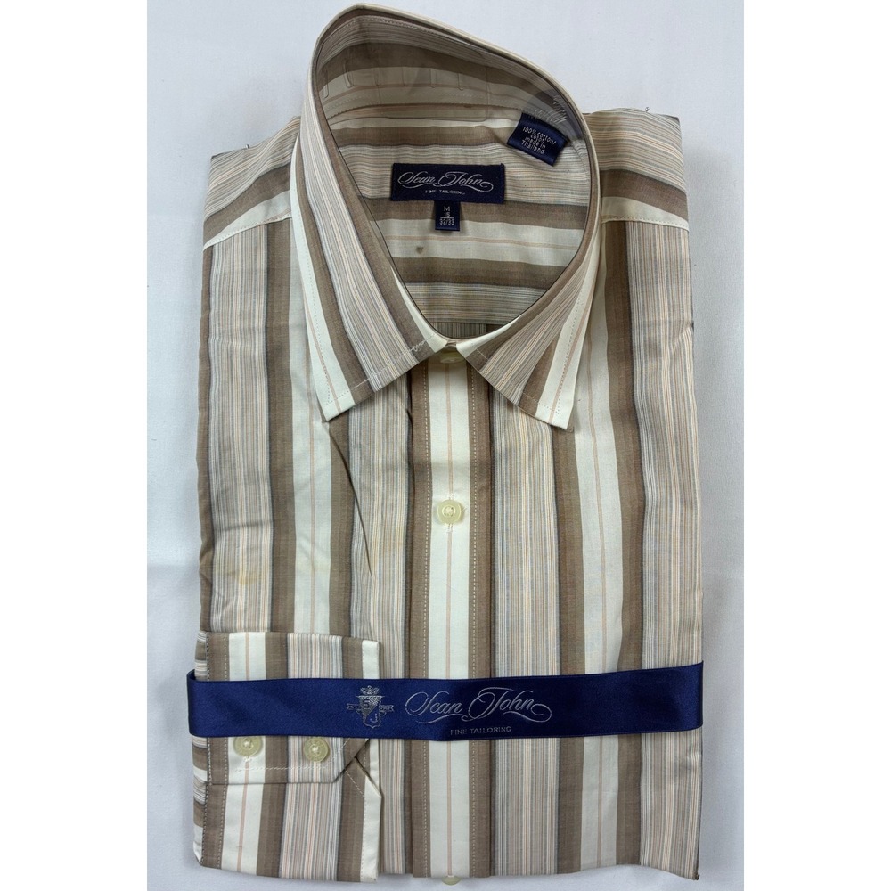 Sean John Dress Shirt Mens 15 32/33 Brown Striped NWT Long Sleeve Cotton Top